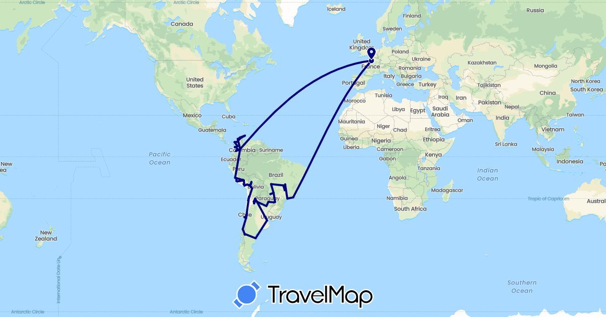 TravelMap itinerary: driving in Argentina, Bolivia, Brazil, Chile, Colombia, France, Peru, Paraguay (Europe, South America)